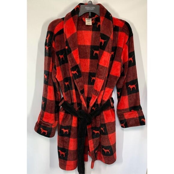 Victoria’s Secret PINK Women’s Plaid Check Dog Print Robe Red Size M/L - Picture 1 of 8